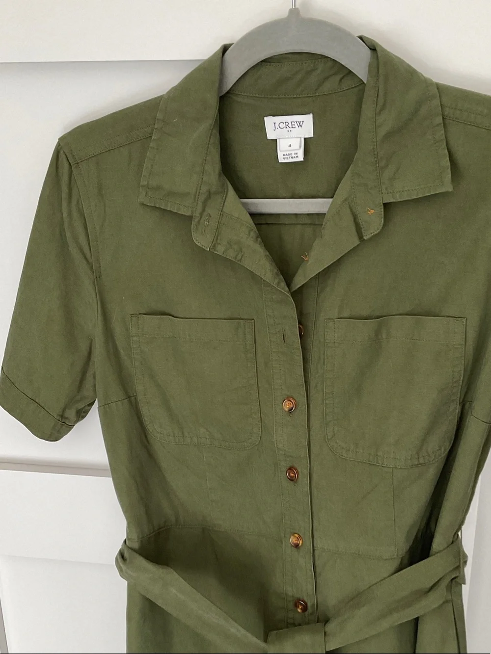 J. Crew Olive Green Short-Sleeve Shirt Dress with Waist Tie